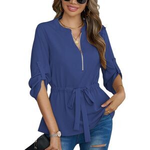 3/4 Sleeve Shirt Casual Zip Blouse Peplum Top, SIZE XL, 1J-136T007